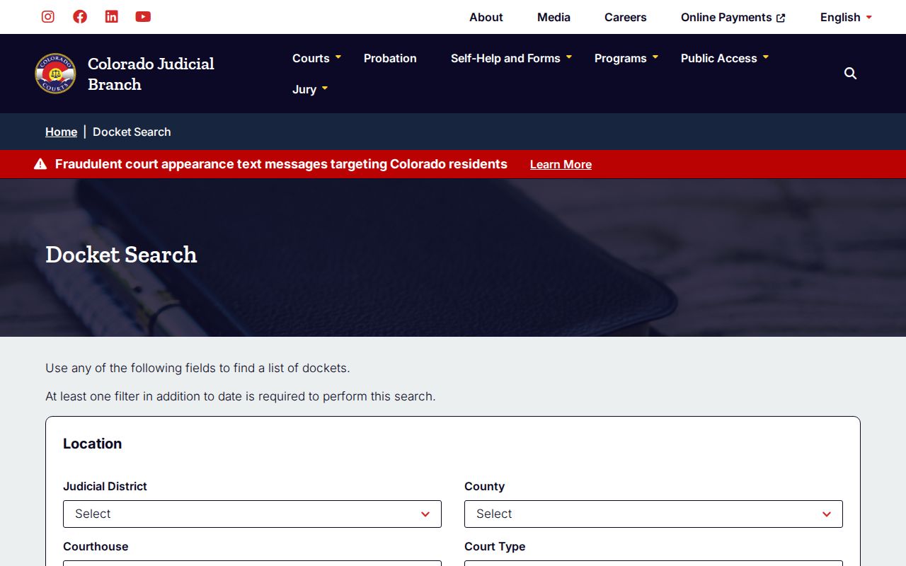 Ouray County warrant check docket search interface