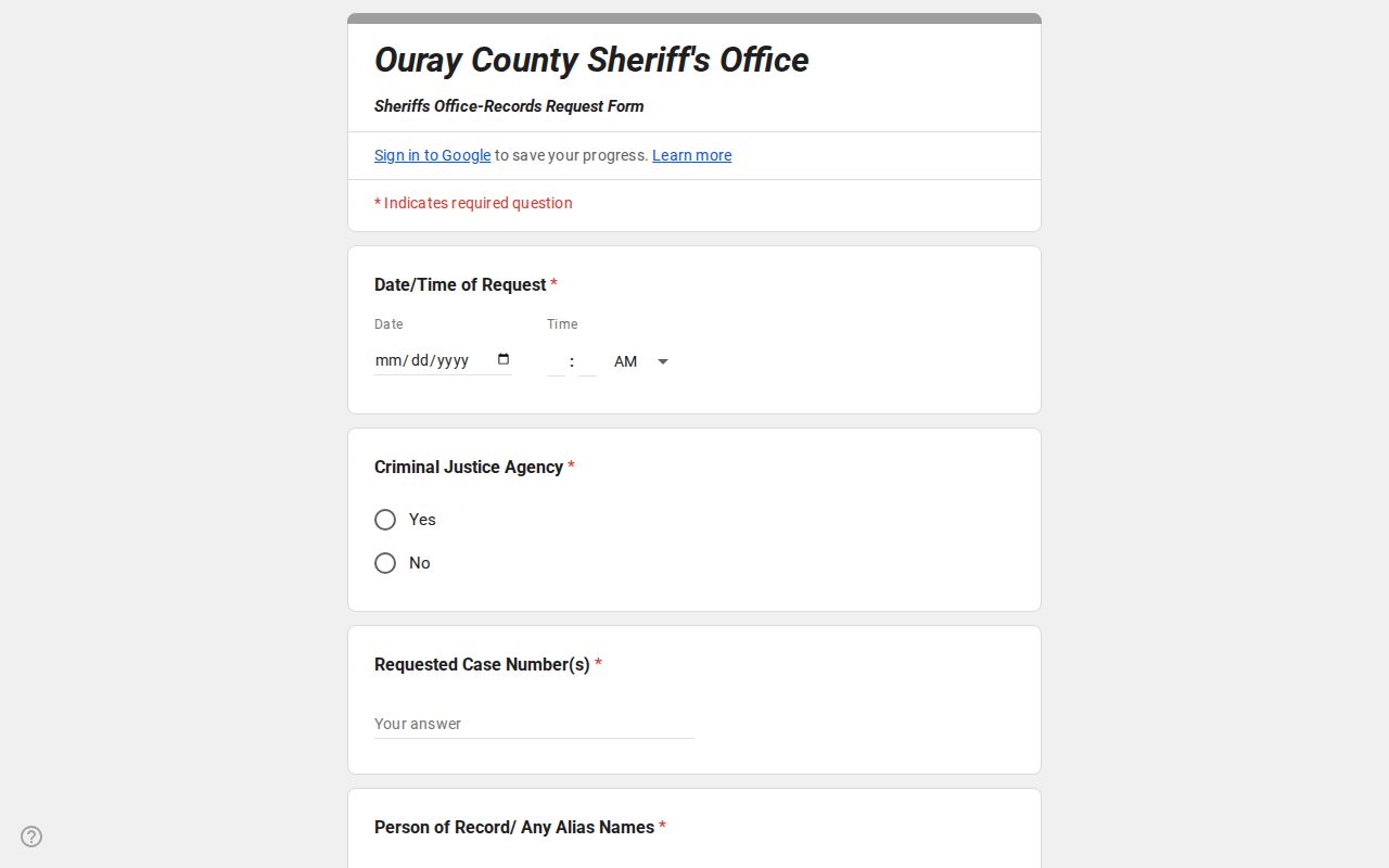 Ouray County warrant records request form fields